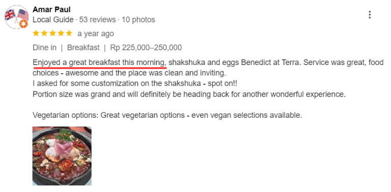 Testimoni pelanggan Terra untuk menu breakfast