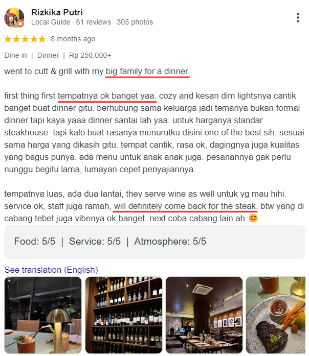 Testimoni customer Cutt & Grill yang makan malam steak bersama keluarga besar