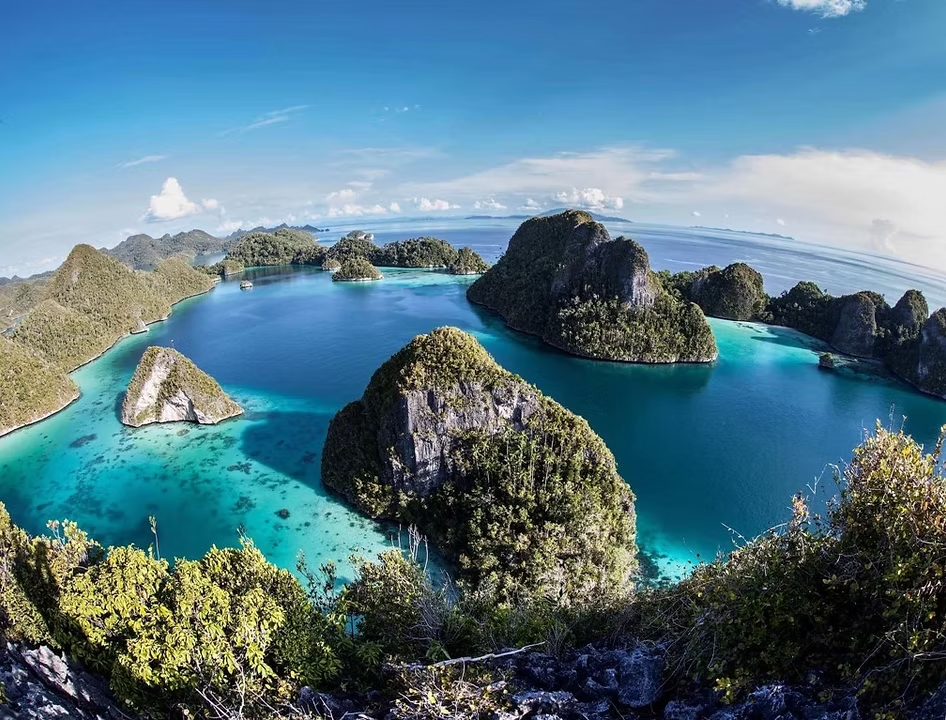 Formasi pulau karst di Raja Ampat tampak menghijau, dikelilingi air biru jernih, menggambarkan surga bagi pecinta alam bawah laut