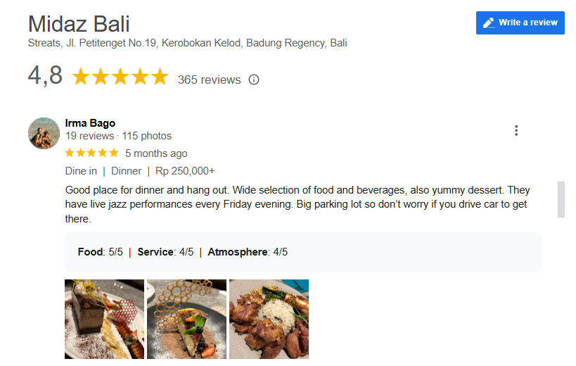 Testimoni Midaz Bali sebagai tempat yang cocok untuk dinner dan hangout